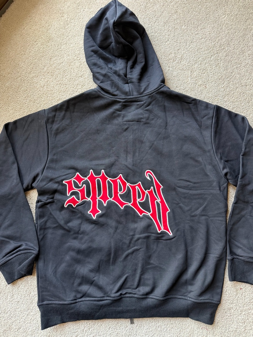 Black Zip-Up Hoodie with Red Script Side Graphic - Picture 3 of 6
